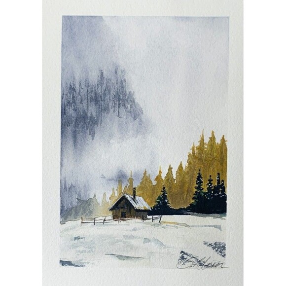 Watercolor Painting Original Mountain Cabin Winter Foggy Pine Trees Signed 5x7 - Picture 1 of 2
